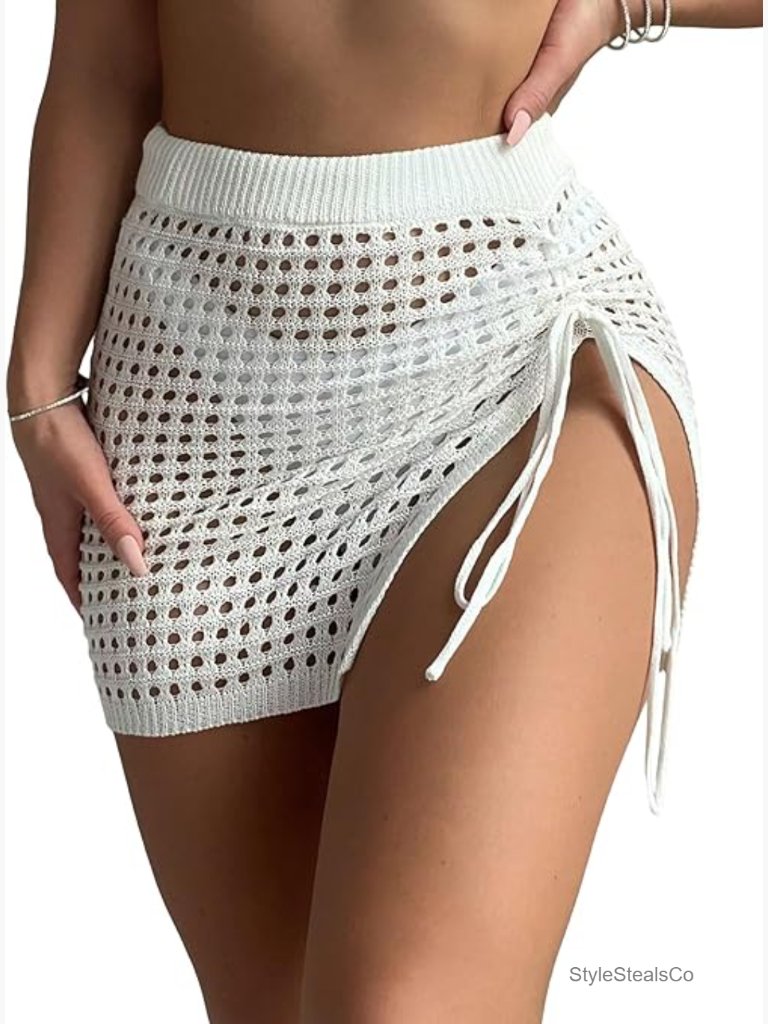 Hollow Out Crochet Cover Up Beach Skirt Sheer Drawstring Split Swimwear